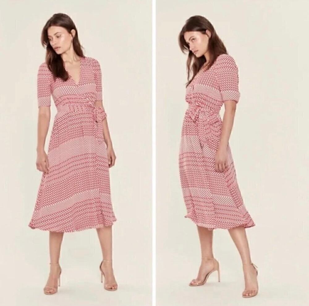 Joie Size 6 Cata Shift Midi Dress Red White Geometric Wrap Tie Waist Feminine